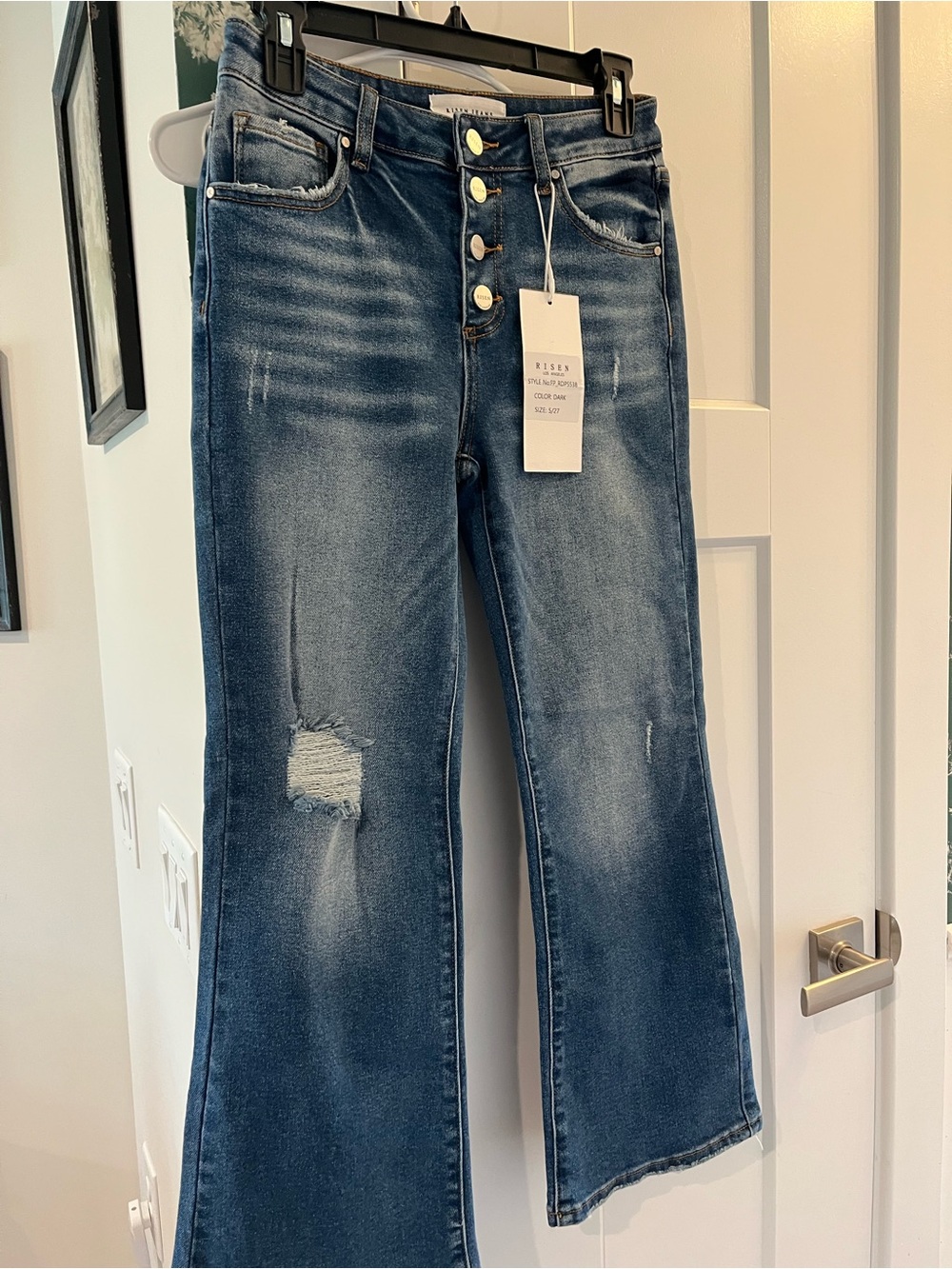 Risen NWT High-Rise Button-Fly Distressed Flare Jeans - Blue